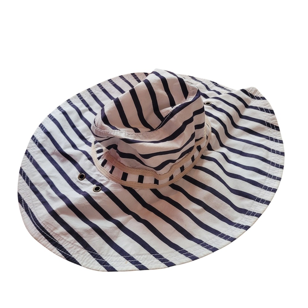 Gap Womens Navy Blue White Striped Wide Brim Sun Hat Nautical Canvas S/M Vintage